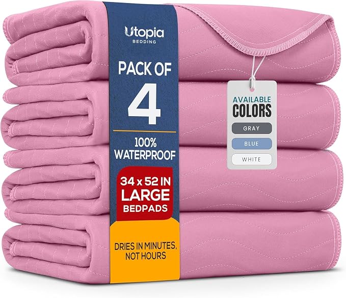 Utopia Bedding Washable Underpads 34" x 52" (Pack of 4), Waterproof Reusable Heavy Absorbency Incontinence Bed Pads for Adults, Kids, Elderly and Pets, Bedwetting Pads for Sofa and Couch (Pink)