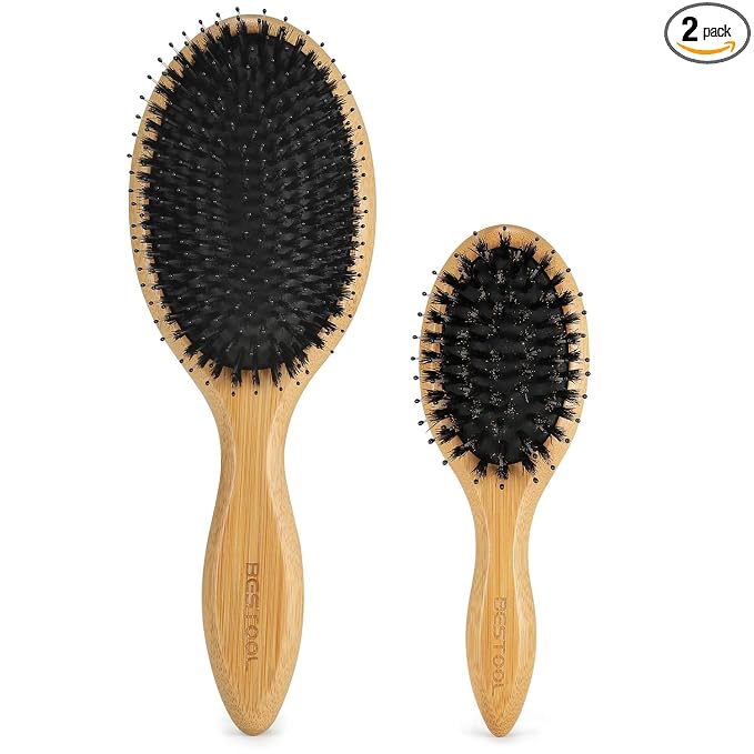 BESTOOL Hair Brush (Regular & Small), Boar Bristle Hair Brushes for Women Men Kids Thick Fine Curly Hair, Hairbrush for Detangling, Soften & Silky Shine