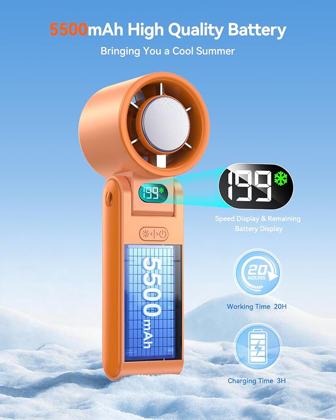 Portable Handheld Fan with Ice Cooler, 199 Speed Personal Fan,5500mAh Rechargeable,20H Cooling Time,20000 RPM Powerful Motor, Summer Essential for Travel/Outdoor/Office, Orange
