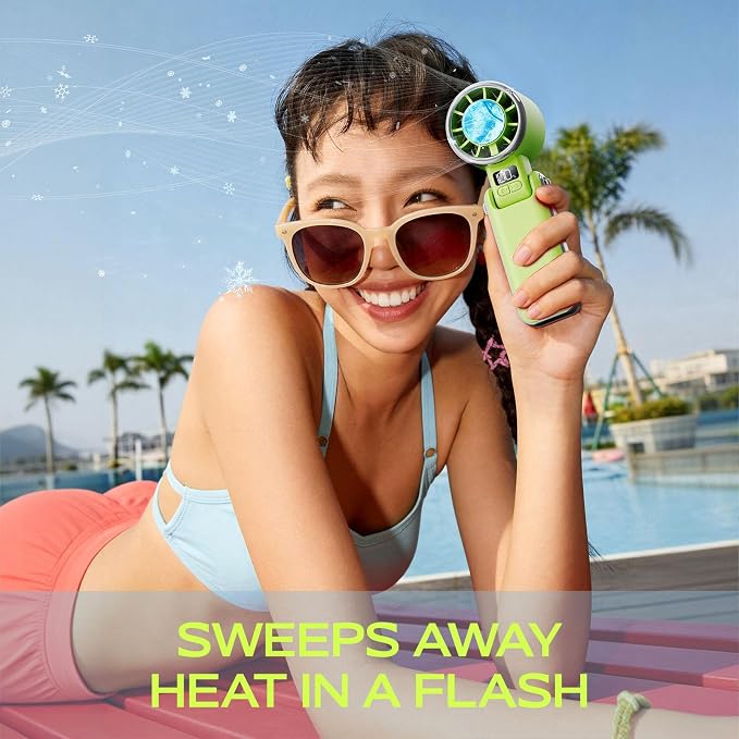 SHEWIND Portable Handheld Fan with Ice Cooling - 5 Gear High Speed Turbo Personal Fan Rechargeable, Up to 13 Hrs, Mini Hand Fans for Travel Essentials, Beach Vacation, Gifts for Women, Men (Green)