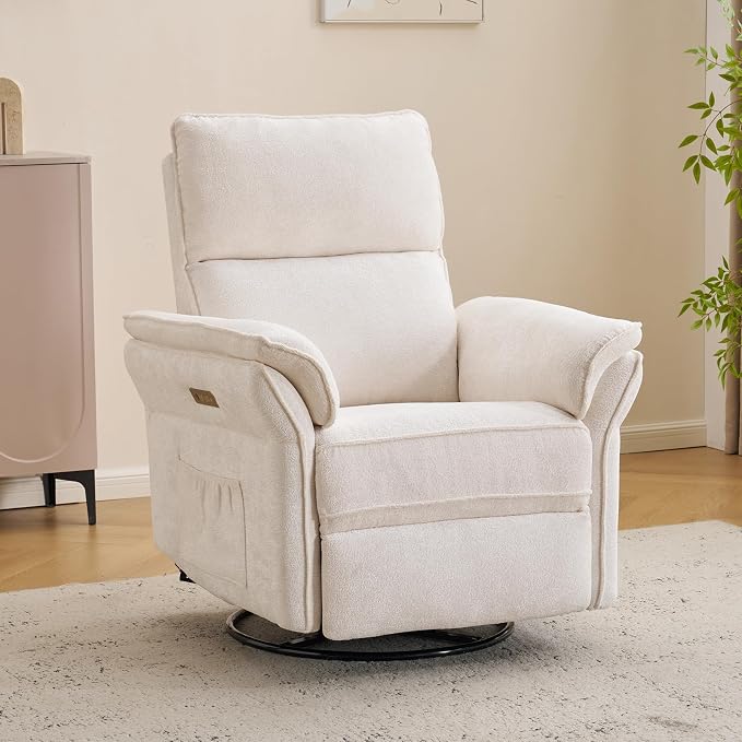 Power Nursery Recliner with Auto Rocking,Oversized Swivel Rocker Recliner with Massage and Heat,Glider Recliner Nursery Chair with Adjustable Headrest for Living Room and Bedroom,White