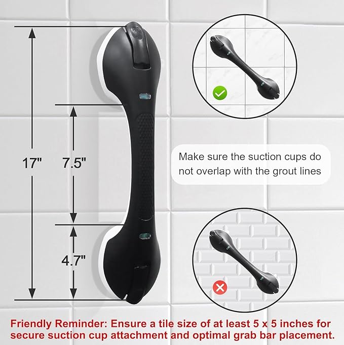 2Pack Suction Grab Bar for Shower Bathtub: Upgraded Heavy Duty Non-Slip Grip Handle with Strong Suction Cup for Bathroom Wall, Max Load 269LBS Safety Bar for Elderly Senior (2, Black)
