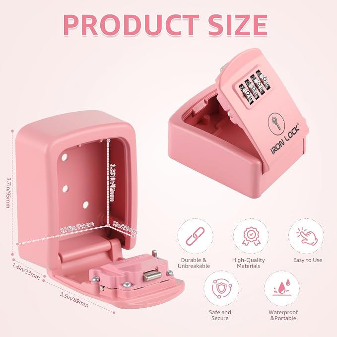 Iron Lock® Small Wall Mount Key Lock Box for Keys Outside (Pink) | Combination Lock, Resettable 4-Digit Code, Screw-In Wall Mount, Weather-Resistant Metal, No Battery or App, Holds 2 to 5 Keys