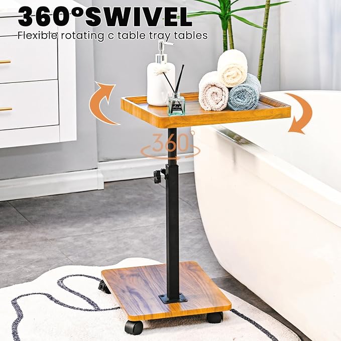C Table End Table Adjustable Height,C Shaped End for Couch，Snack Tables,360°Swivel TV Tray Sofa Table,Tables that Slide Under,Coffee SideTable for Bed,Chair,Bath-tub (Original Wood Color)