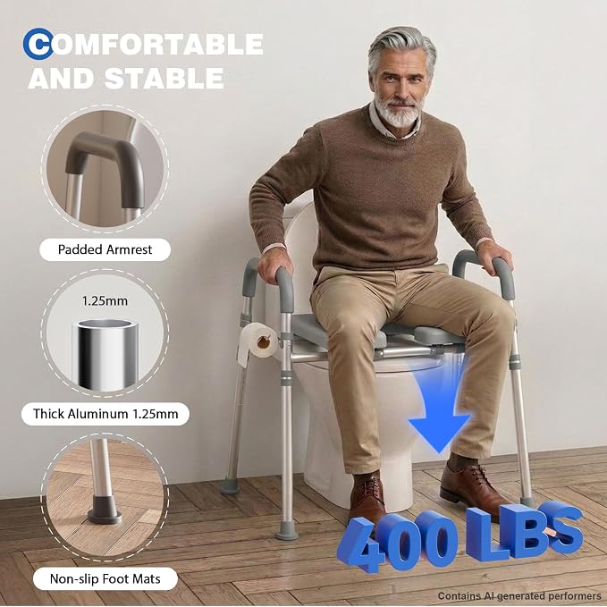 Raised Toilet Seat with Handles, Gray | Adjustable Height & Width, 400lbs Capacity, Padded, For Seniors, Disabled, Post-Surgery, Fits Most Toilets