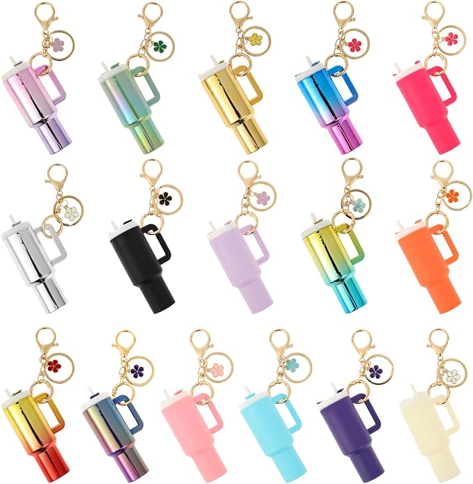 16PCS Mini Tumbler Keychain Accessories for Stanley Cup Cute Chapstick Holder Key Chain Charms for Women Men Girls