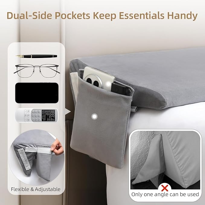 Vekkia 2-in-1 Queen Bed Wedge Pillow for Headboard Gap, Fills 0–6" Gaps, Rotates for Two Angles & Heights, Pressure Lock Design Keeps in Place, Dual Side Pockets, Washable Cover, Gray, 60"x10"x8"