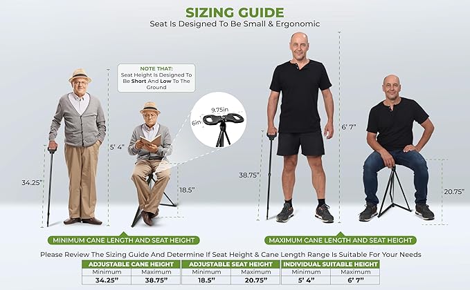 Darza Adjustable Cane with Seat - Walking Stick with Seat, Cane Stool, Lightweight Aluminum and Ergonomic Design, Includes Removable Cushion and Carry Bag with Pocket Storage