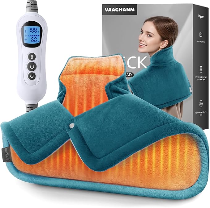 VAAGHANM Heating Pad: Electric Heat Pad for Pain Relief-Weighted Instant Heating Pads for Neck and Shoulders-6 Heat Options & 6 Auto Timer Mode-Gifts for Mom Women-Blue