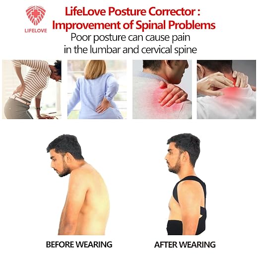 LifeLove Adjustable Posture Support Brace for Upper Back & Shoulders, Fits Height Under 200cm & Waist Under 120cm (Shoulder 105cm, Waist 115cm, Back 40cm), One Size (Black White, One Size Fits Most)