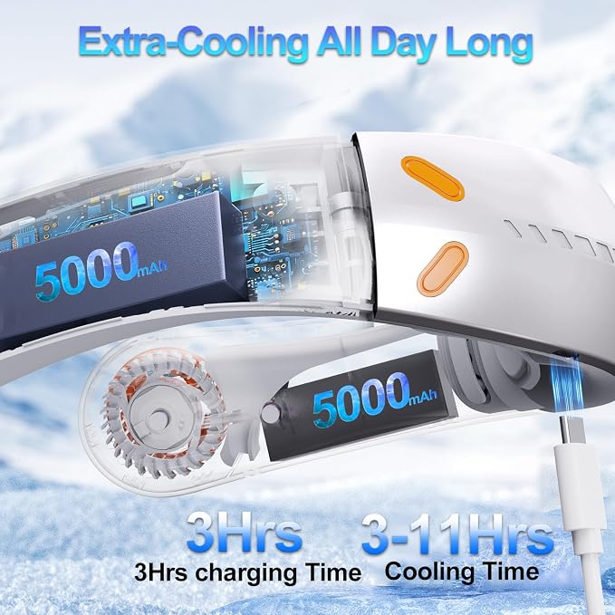 Portable Neck Fan, 5000mAh Bladeless Fan with 3 Built-in Fans, Instant Cooling 360° Surround Airflow & LED Display, Wearable Personal Fan for Outdoor, Travel, Gifts for Women Men (Grey)