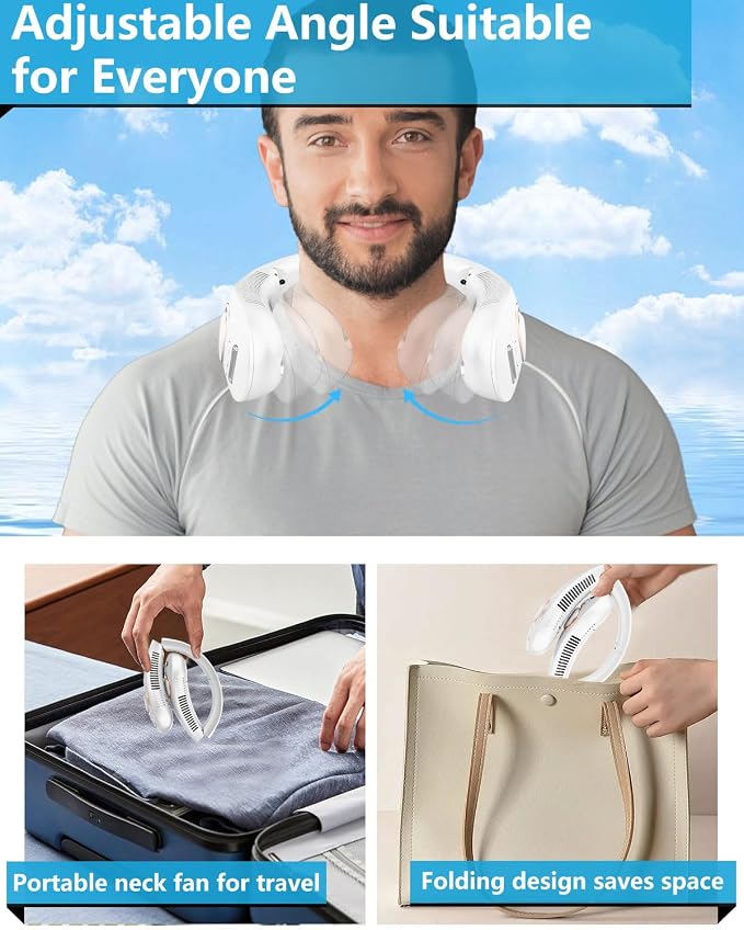 Portable Neck Fans with Mist, Rechargeable 4-9H Lasting Neck Cooling that Blow Cold Air, 5 Speeds & LED display, USB-C Bladeless Folding Personal Mister for Kid Adult Indoor Outdoors Sports, White