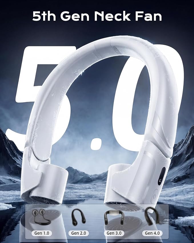ChillGo 5th Gen Neck Fan with Adjustable Airvents, Dual Motors Personal Fan | 8000mAh Neck Fans That Blow Cold Air,Quick Charging,4 Speeds, Cooling Fan, Neck Cooling Fan for Travel, Gift for Women, White