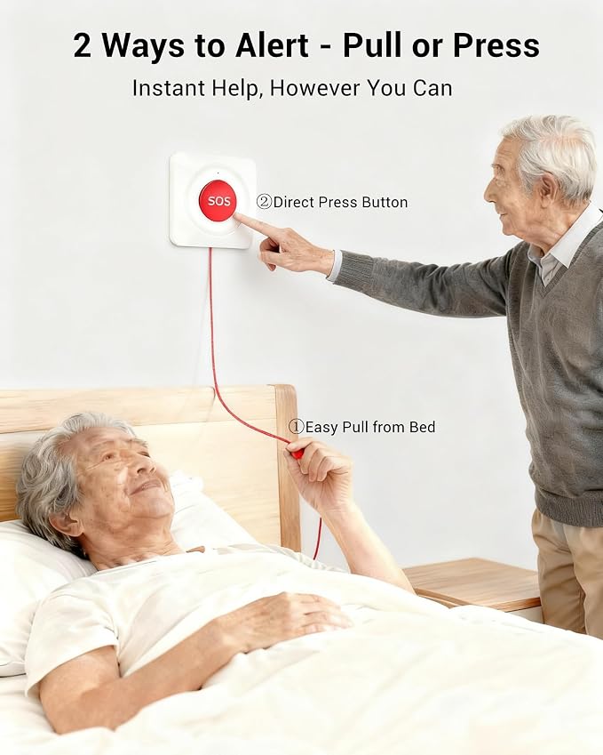 PILSAMAS WiFi Caregiver Wireless Call Button System - 2 Lanyard + 1 Pull Cord Emergency Button, No Monthly Fee APP Alert, Custom Names/Tones, Elderly Safety for Mobile, Bathroom & Bedside Care