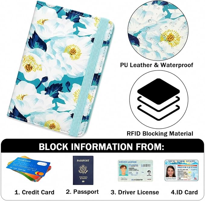 RFID Blocking Passport Holder for Travel – PU Leather Waterproof Lightweight Passport Cover Wallet for Women Men, Travel Organizer with Card Slots for Airline Tickets & Passport Book, Flower A