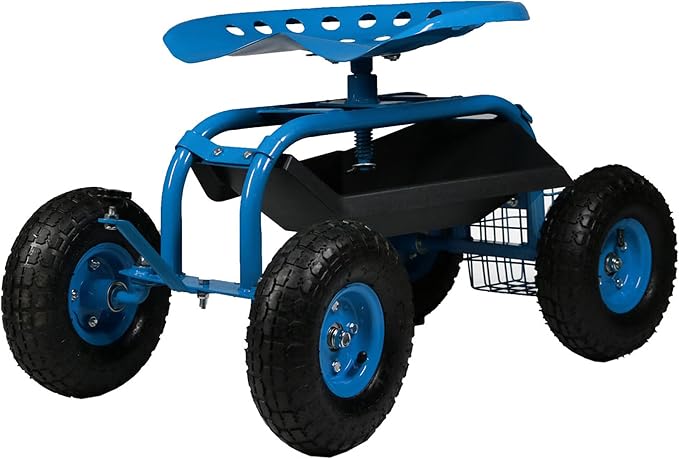 Sunnydaze Rolling Garden Cart with Seat, Blue | Garden Stool with Wheels, Adjustable 360-Degree Swivel Seat, Utility Tool Tray and Storage Basket
