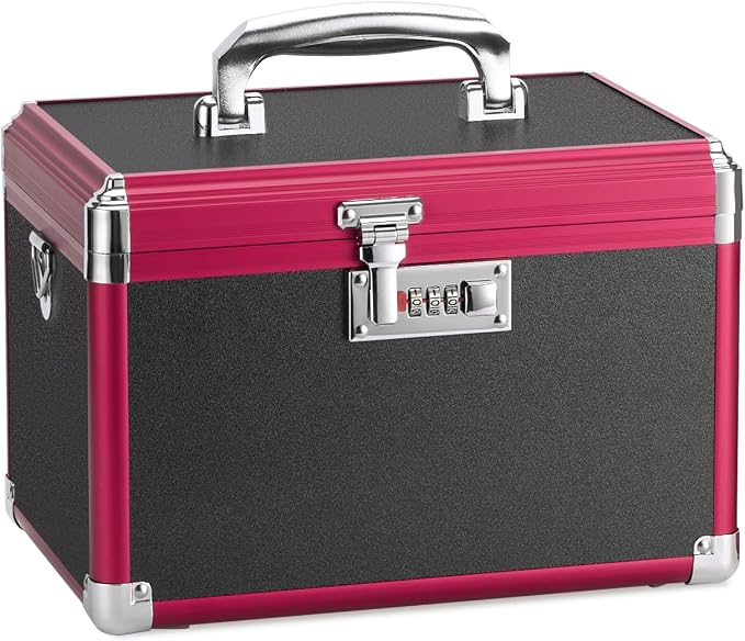 Medicine Lock Box with Combination Lock - 10" Hard Case First Aid Safe Medication Storage with Removable Tray & Pockets for Pills, Home, Car & Outdoor - Black Red [No Strap]