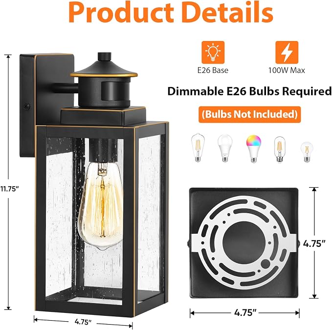 2-Pack Motion Sensor Outdoor Wall Lights, Black with Gold Trim | Auto ON/OFF, 3 Lighting Mode, Waterproof, Rust-Resistant, Durable Metal & Seeded Glass, Easy to Install, Ideal for Front Door