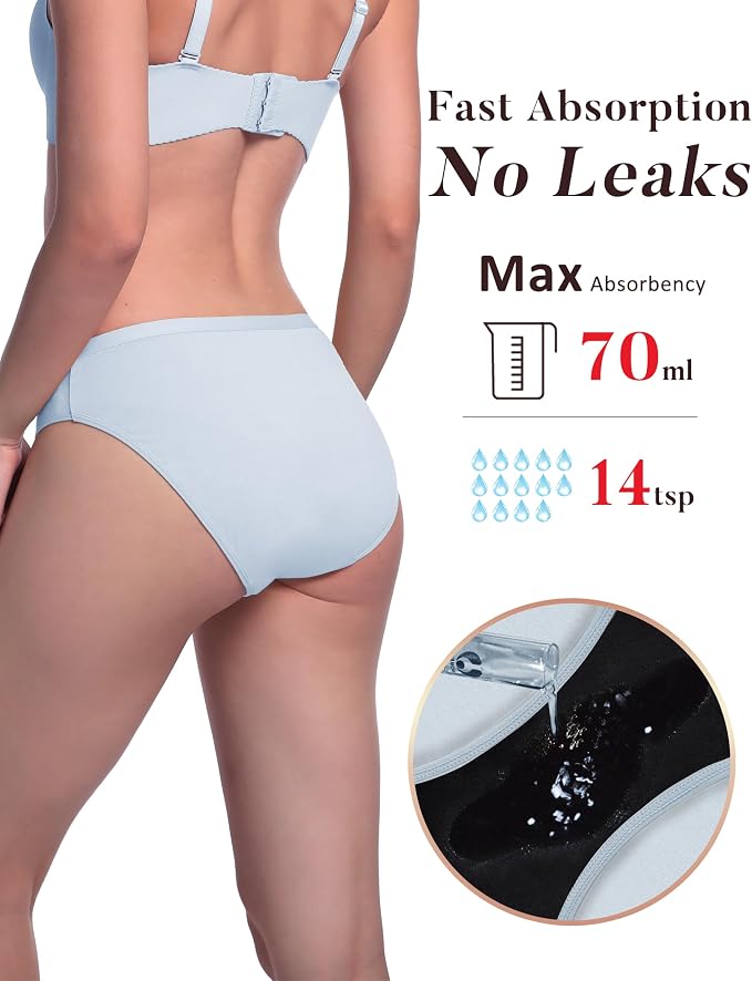 AIRCUTE Washable Leak Proof Incontinence Underwear for Women Absorbency Bladder Control Briefs 70ML,5 Pack (XL,5 Colors)
