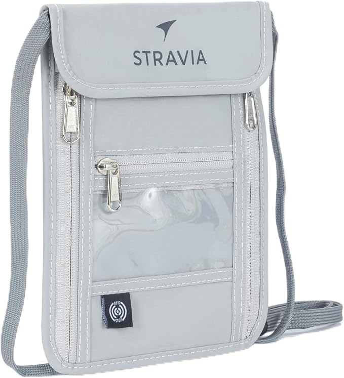 Voyager Neck Wallet RFID Blocking Passport Holder, Light 5-Compartment Hidden Travel Pouch with Adjustable Strap, Water Resistant Wallet for Cash, Cards & ID (Light Gray, Max (8.8"x 6.5")