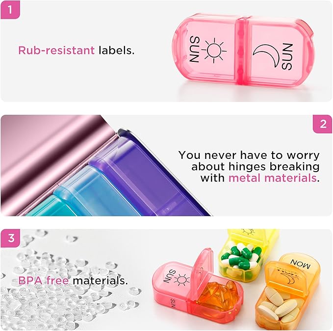 Zannaki Bling Metal XL Weekly Pill Organizer 2 Times a Day, Large Travel Daily Pill Box 7 Day, Portable Week Twice Pill Holder Container, AM PM Pill Case for Medicine Vitamin Medication Supplement