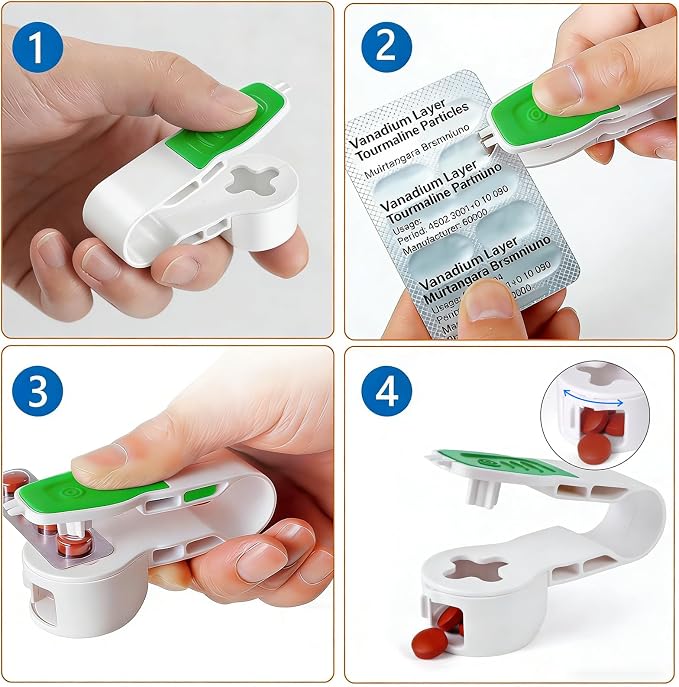Portable Pill Popper Pill Taker Tool, 2nd Gen, 2-Size Opener w Storage No-Touch Extractor for Arthritis Seniors Travel