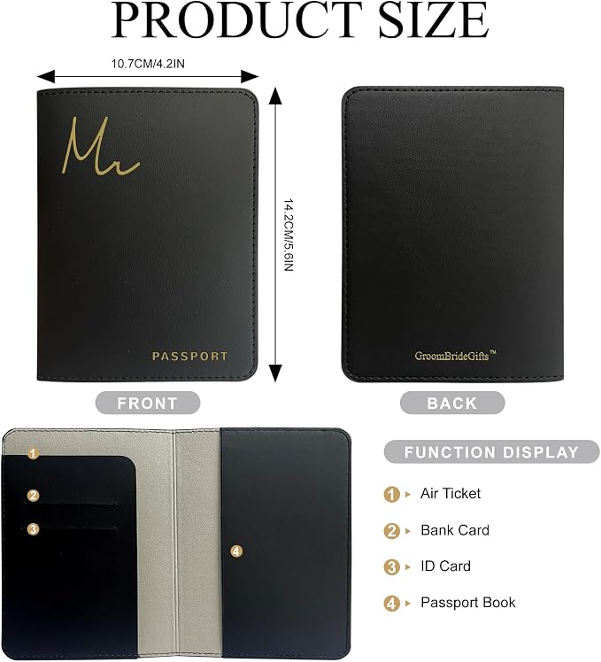 Mr&Mrs Gifts Matching Passport Holders for Mr and Mrs, Gold Foil Logo, Dual PU Leather with Card Pockets, Honeymoon Travel Essentials Gift for Newlyweds(MM Black White)