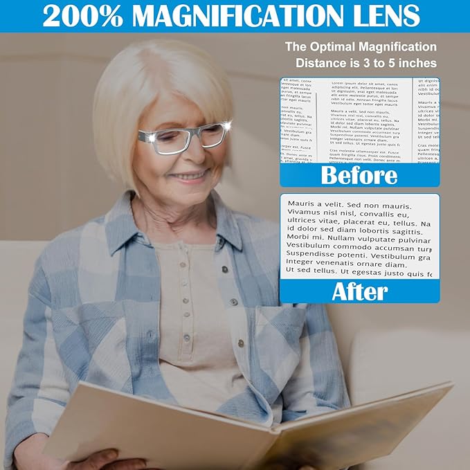 200% Magnifying Glasses with Light,USB Rechargeable LED Lighted Magnifying Eyewear,Hands Free Head Magnifier Eyeglasses for Close Work,Hobbies,Reading,Craft,Jewellery,Sewing Seniors