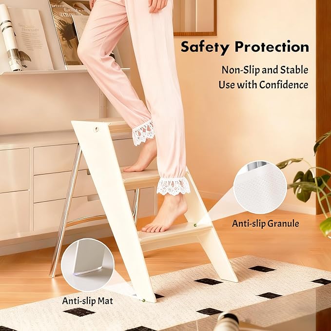 Acrylic 3 Step Ladder Folding Step Stool for Adults Foldable Small Step Stool Ladder for Kitchen Plastic Stepladder Modern Collapsible Ladder for Closet Home Bathroom Indoor (White)