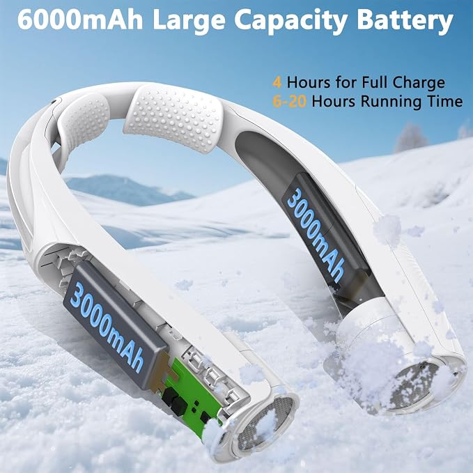 Neck Fan, 6000mAh USB Rechargeable Hands Free Personal Fan, 6 Speeds Adjustable Portable Neck Fans, Faster Cooling Wearable Fan, Ultra Quiet for Outdoor, Travel, Home, Office - White
