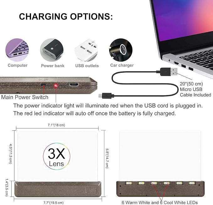 LUXSWAY Rechargeable 3X Full Page Magnifier for Reading,Magnifying Glass with 12 Super Bright LEDs,Adjustable Brightness Illuminated Magnifier Suitable for Reading