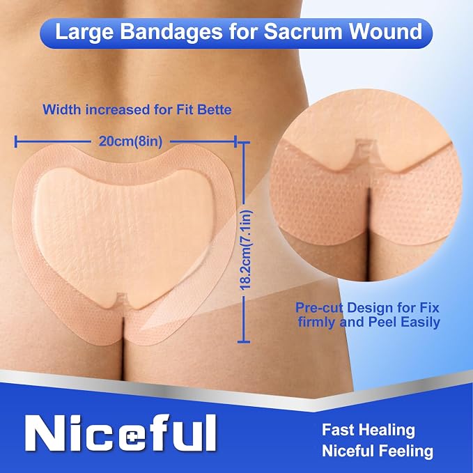 Niceful Sacral Silicone Foam Dressing, Sacrum Bed Sore Bandages for Large Wound 7.1"x 8"(5PCS)