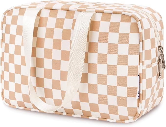 Narwey Large Travel Toiletry Bag Women, Checkered Makeup Bag with Handle, Portable Make up Cosmetic bag Organizer, Travel Bag for Toiletries, Skincare, Medicine, Essentials (Light Checkerboard, Large)
