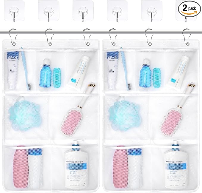 F-color 7-Pocket Mesh Shower Caddy - Hanging Shower Organizer for Cruise | Quick-Dry & See-Through Mesh for Toiletries, Fits Shower Rod Rings or Sticky Hooks for Bathroom & RV, Cruise Essentials 2026