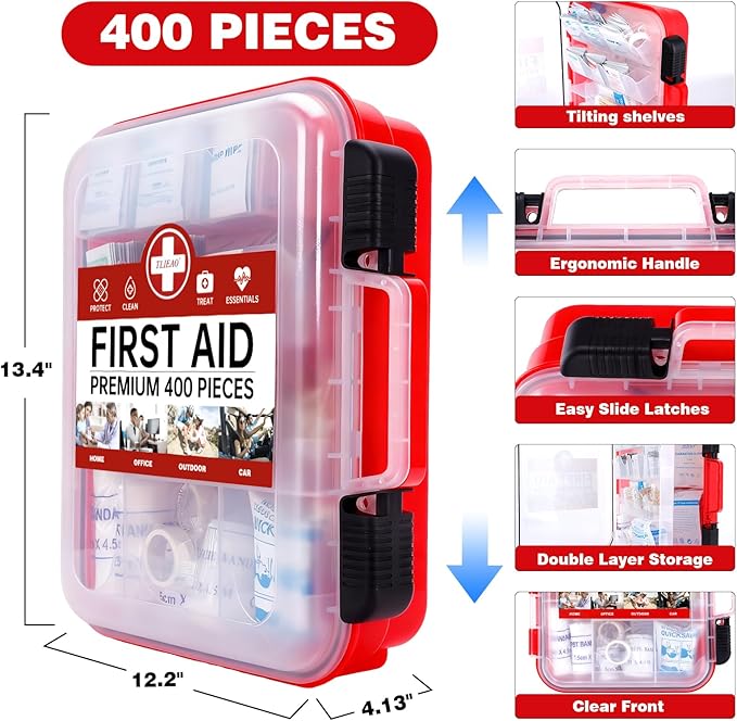 TLIEAO 400 Pieces All-Purpose First Aid Kit - Organized Dual-Layer Wall - Professional Medical Kit for Home, Car, Camping, Travel, Office, Outdoor, Business & Sports