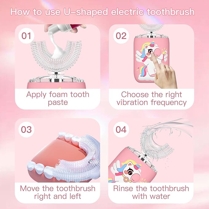 Kids Electric U Shaped Toothbrush, Kids Unicorn Sonic Automatic Toothbrush with 4 Soft Brush Heads with Toothpaste - (Age 2-15, Pink)
