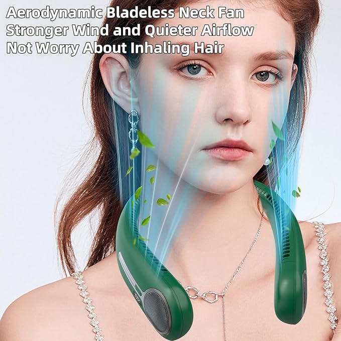 Portable Neck Fan, Personal Wearable Bladeless Fan, 6000mAh USB Rechargeable, 360° Airflow, LED Display, 4-Speeds, Hands Free Fan for Outdoor Indoor, Birthday Gifts for Men Women Dad Mom (Dark green)