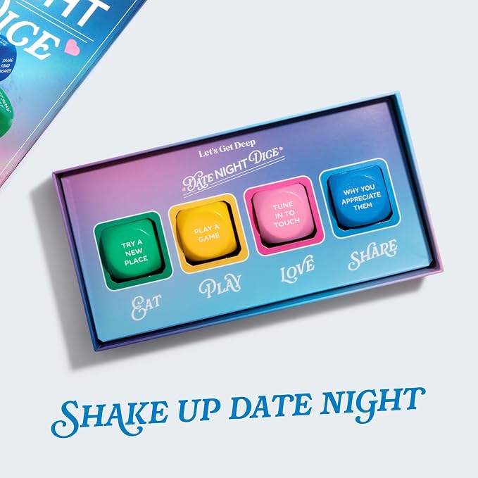 Let’s Get Deep® Date Night Dice by Relatable, Roll for 200+ Unique Date Night Ideas, Gifts, and Wedding Gifts for Couples, Includes 4 Custom Dice and Instructions, Designed for Couples Ages 18+