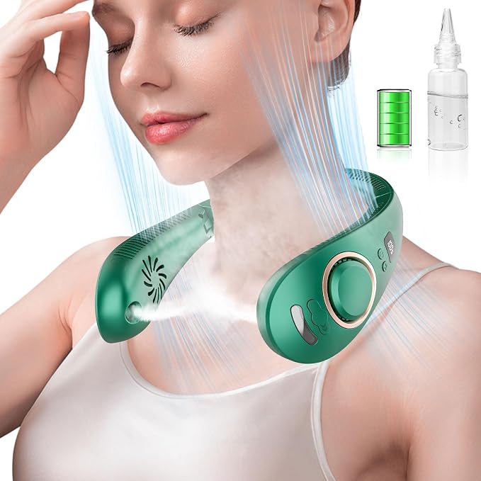 Neck Fan with Mist,Foldaway Neck Fan with Mist,Personal Fan for Neck Wearable Hanging around,Cordless Neck Coolers for Female Male Kids Dad Mom Deep Green