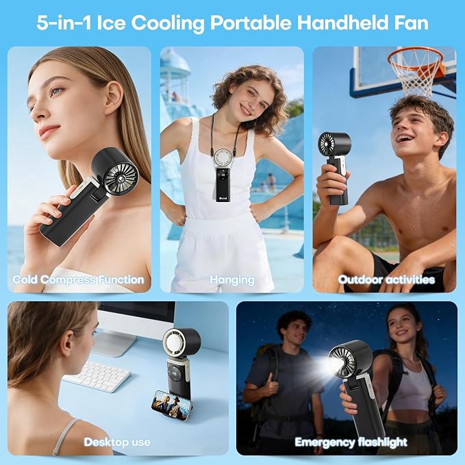 6000mAh Portable Handheld Fan with Ice Cooling, 199 Levels Stepless Speed, 20H Long Battery Life, 20000RPM Turbo Fan Rechargeable Personal Mini Fan for Travel, Outdoor, Makeup (Black)