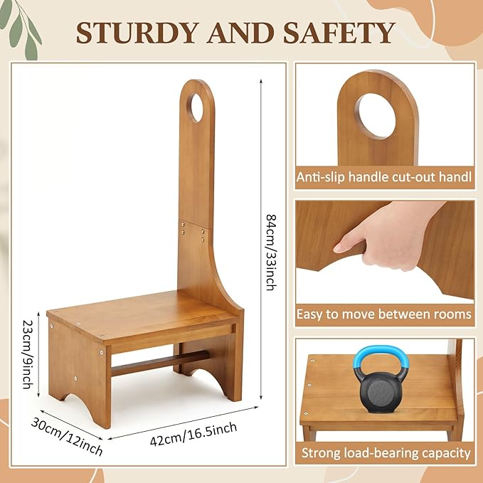 Wooden Step Stool with Handle for Adults, Elderly & Seniors, 9'' Wood Bedside Steps for High Beds Heavy Duty Antislip One Step Stool Platform Holds up to 400 Lbs for Kitchen Bathroom