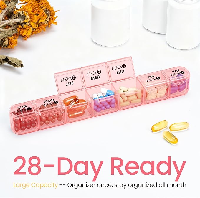 Betife Monthly Pill Organizer 1 Time a Day, Pill Box 28 Day, XXL Pill Case | Compact & portable , Easy Open , Airtight , Dual protection ,Large capacity