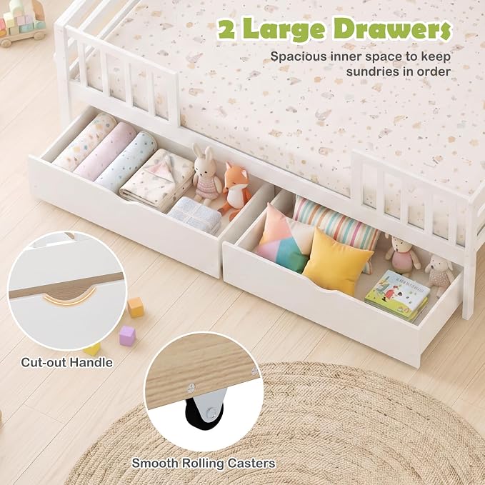 Giantex Full Kids Bed with Storage Drawers, Wood Montessori Bed with Rails & Side Shelf, Low Daybed Bed Frame for Boys Girls, No Box Spring Needed (White)