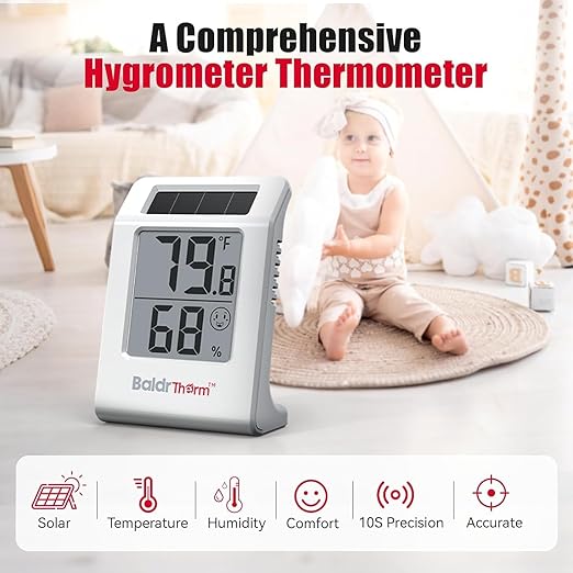 Digital Thermometer Humidity Gauge Meter | Solar-Powered 2.2" Indoor Temperature Humidity Monitor for Baby Rooms, Home, Office, and Wine Cellars, White, 1Pack