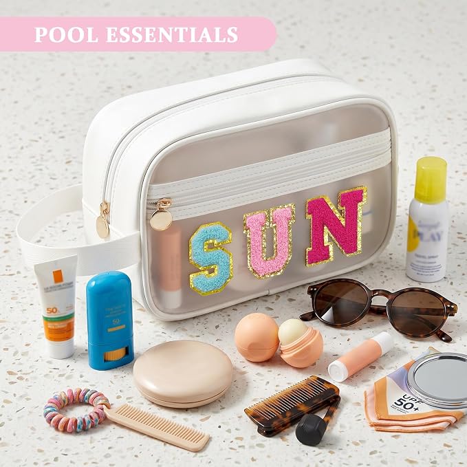 COSHAYSOO Clear SUN Makeup Bag Sunscreen SPF Pouch Beach Pool Lake Spa Travel Cosmetic Toiletry Stuff Organizer for Women Teenage Girls Mothers Day Nurse Appreciation Graduation Preppy Gifts