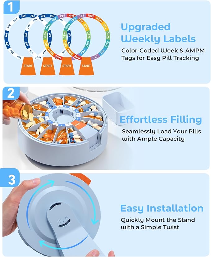 Daviky Daily Pill Dispenser, Large Capacity 14-Day Pill Organizer Box | Push Button Dispensing, Easy Open, Wall-Mounted or Standing, 14 Compartments, Senior-Friendly, for Medication & Vitamins