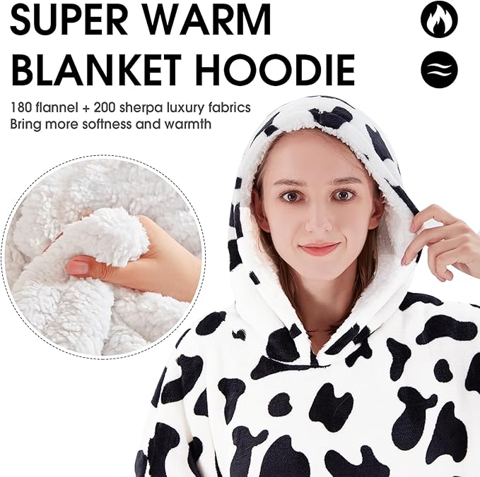 JOYWOO Cow Wearable Blanket Hoodie,Oversized Cat Lovers Sweatshirt Blanket for Adult,Christmas Gifts for Women,Mom,Girlfriend,Cozy Sherpa Hooded Blanket with Giant Pocket and Winter Gifts,Cow Print