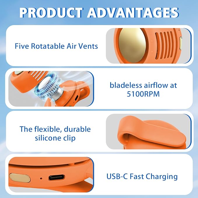 Portable Fan,2-in-1 Waist Clip On Bladeless, Ultra-Quiet Mini Personal Neck Fan 3 Speeds with 360°Adjustable Clip USB Rechargeable for Hiking,Office & Outdoor