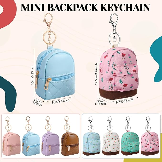 Hsei 8 Pcs Mini Backpack Keychain Coin Purse Tiny Key Chain Cute Cosmetic Bag Change Pouch Wallets Mini Gifts for Women Multi Pocket Card Holder Small Items Cable Organizer Zipper Pouch (Fresh Mix)