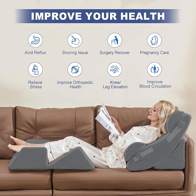6PCS Multi-Functional Bed Wedge Pillow Kit - 7-in-1 Orthopedic Support for Back/Neck/Legs, Post Surgery Recovery & Sitting Up in Bed, Post Surgery Foam for Body, Grey
